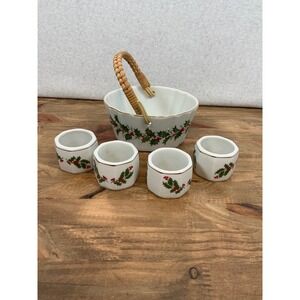 Vintage Basket and Napkin Rings Set Made In Japan‎ Holiday Holly Christmas
